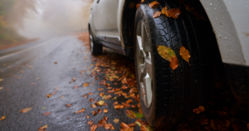 Pneu hiver sur route glissante en automne, avec des feuilles mortes